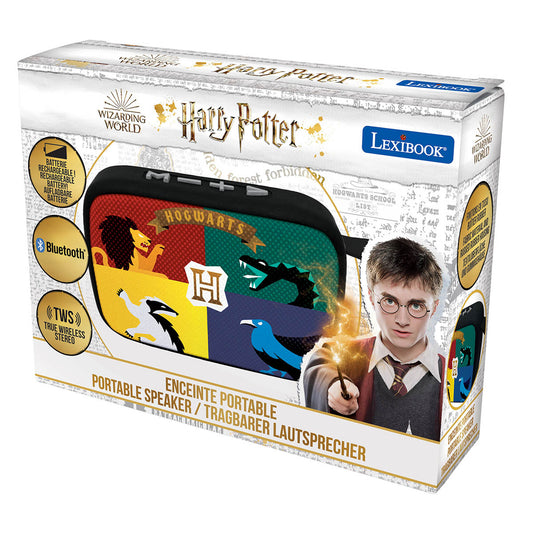 Harry Potter Enchanted portable Bluetooth speaker with Hogwarts house colors and magical design, shown on packaging with child model wearing round glasses and H