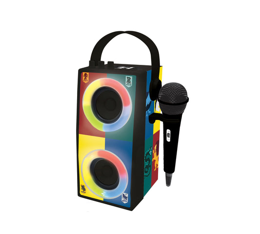 Lexibook Harry Potter Bluetooth karaoke speaker with two illuminated speakers, colorful panel design, black microphone, and carrying handle