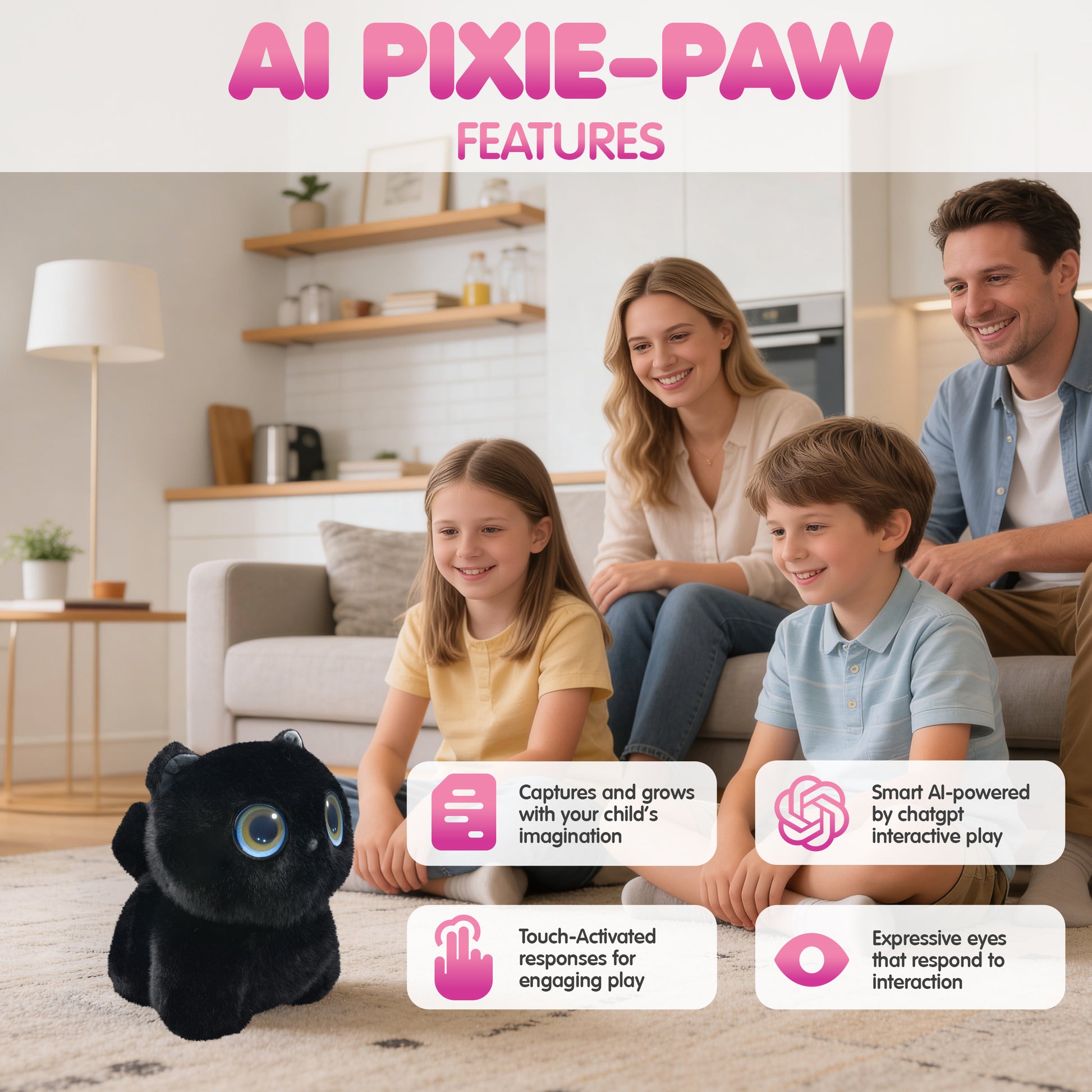 Contixo AI Pixie-Paw black interactive plush cat with expressive eyes