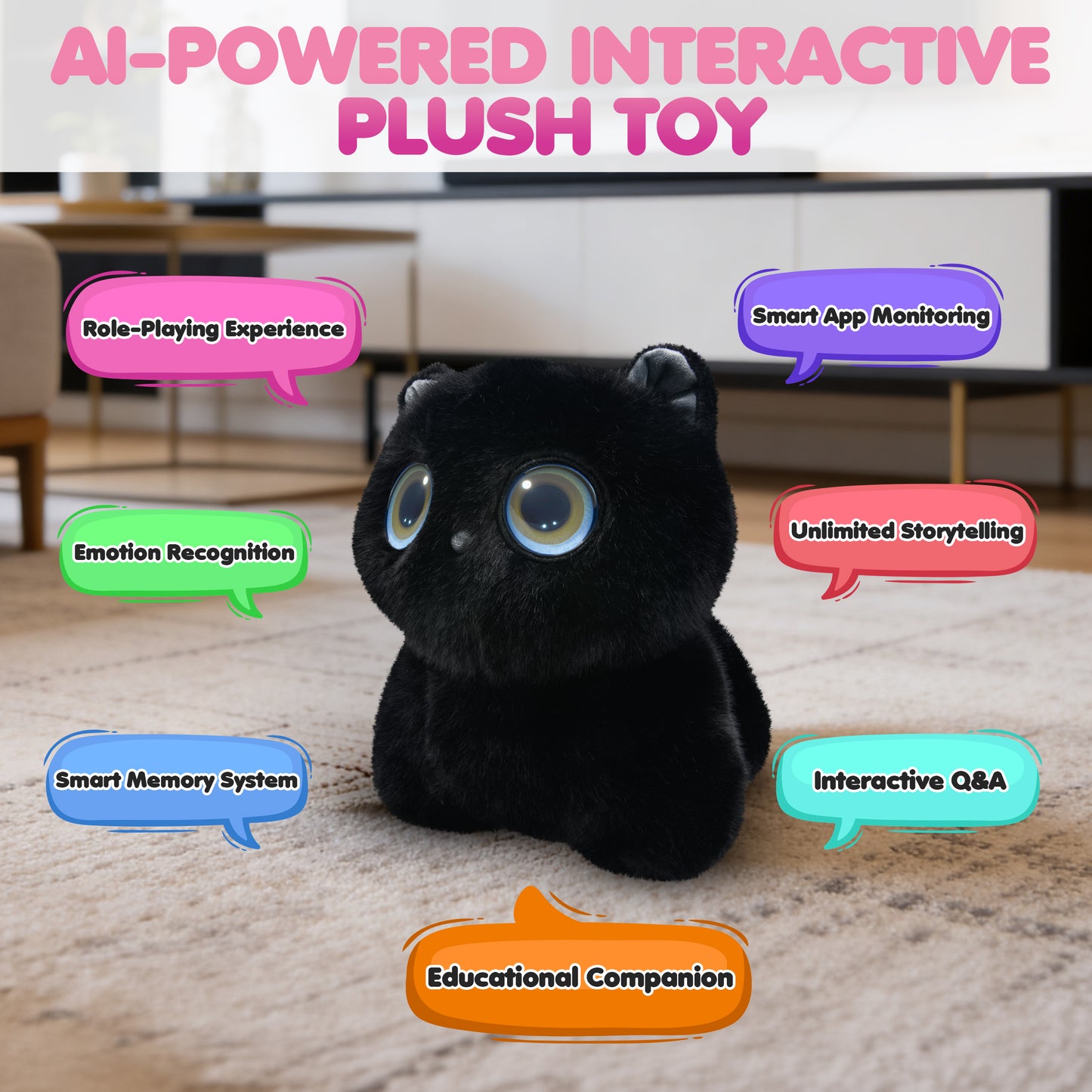 Contixo AI Pixie-Paw black interactive plush cat with glowing blue eyes and smart features
