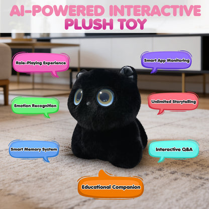 Contixo AI Pixie-Paw black interactive plush cat with glowing blue eyes and smart features