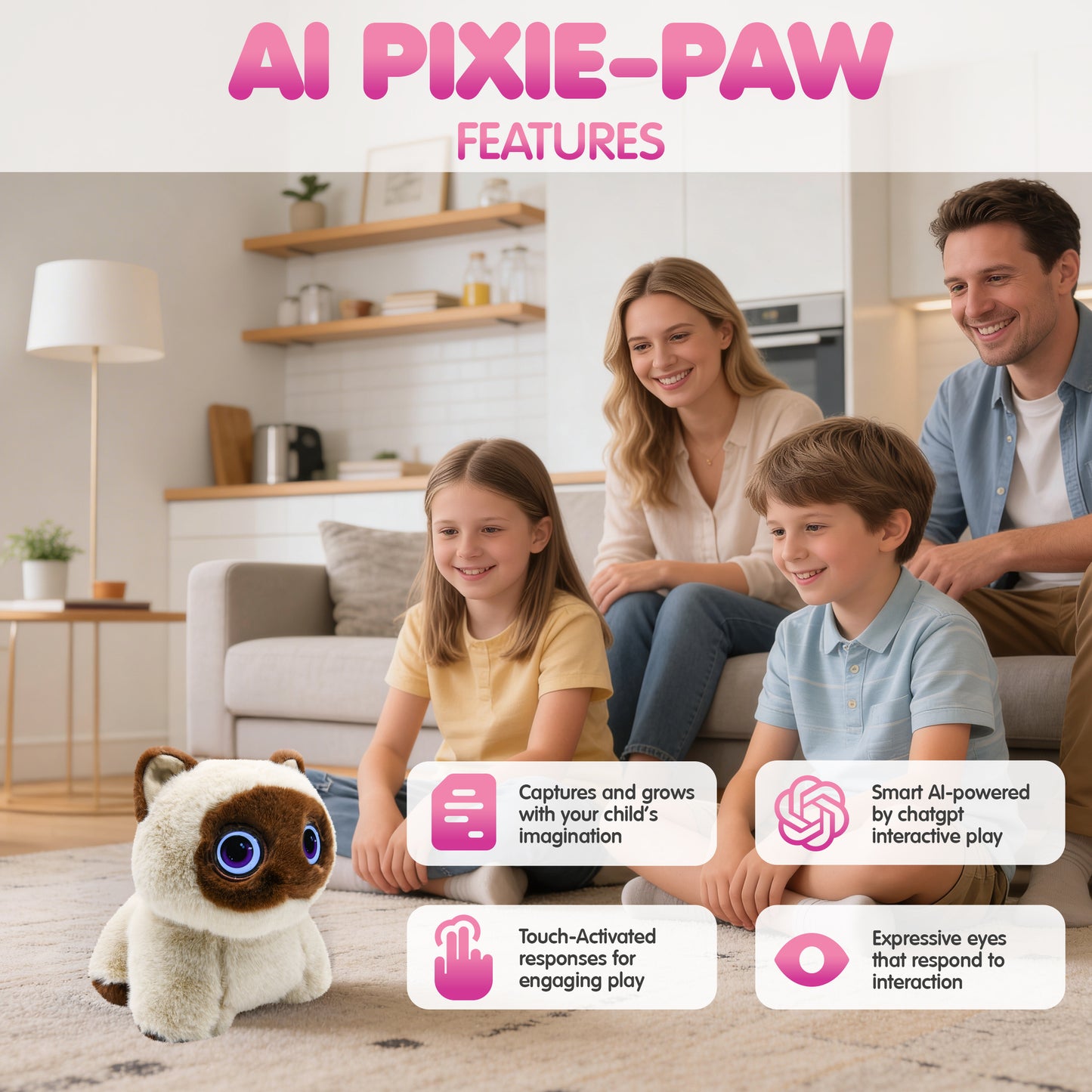 Contixo AI Pixie-Paw brown and white interactive plush cat with glowing eyes