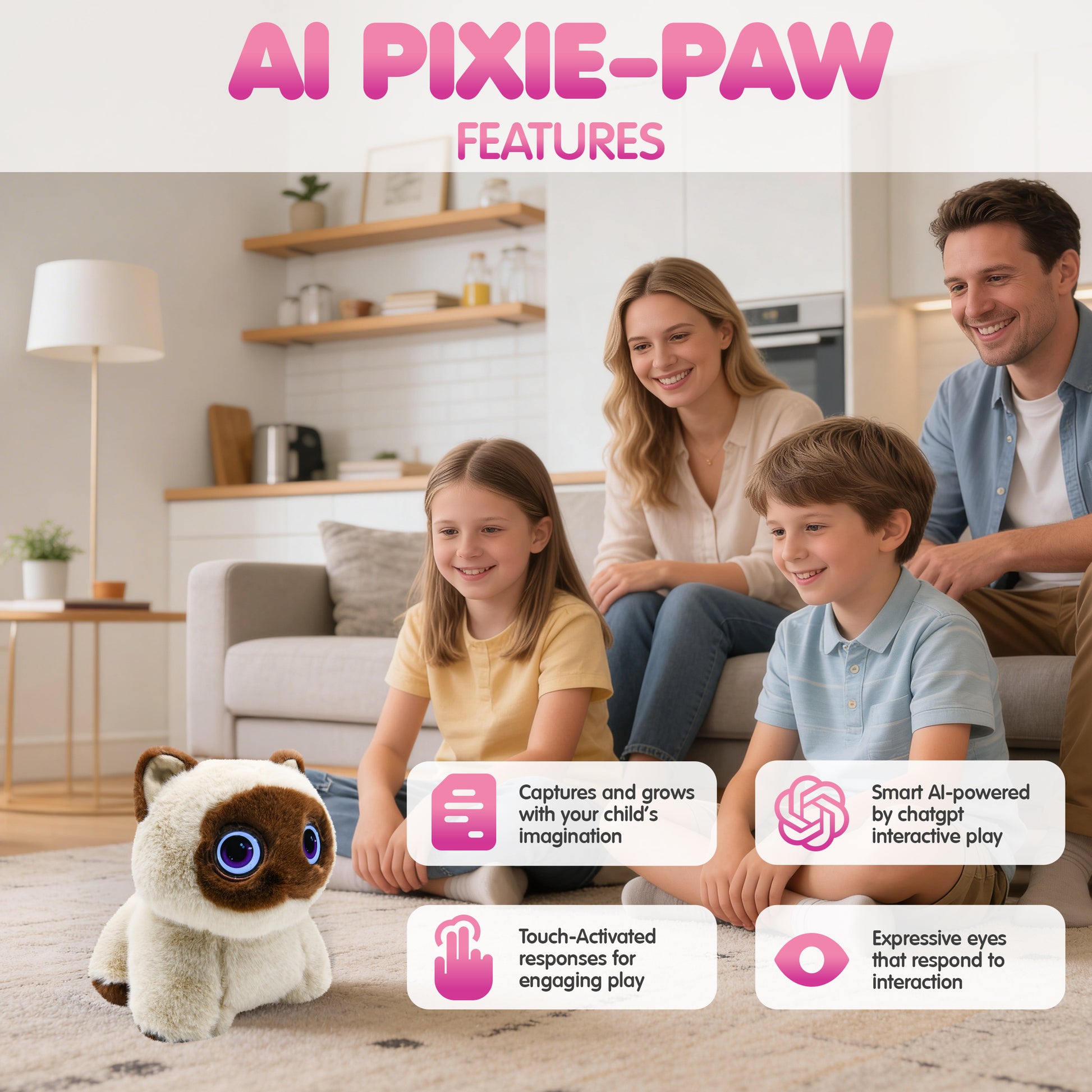 Contixo AI Pixie-Paw brown and white interactive plush cat with glowing eyes
