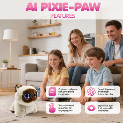 Contixo AI Pixie-Paw brown and white interactive plush cat with glowing eyes