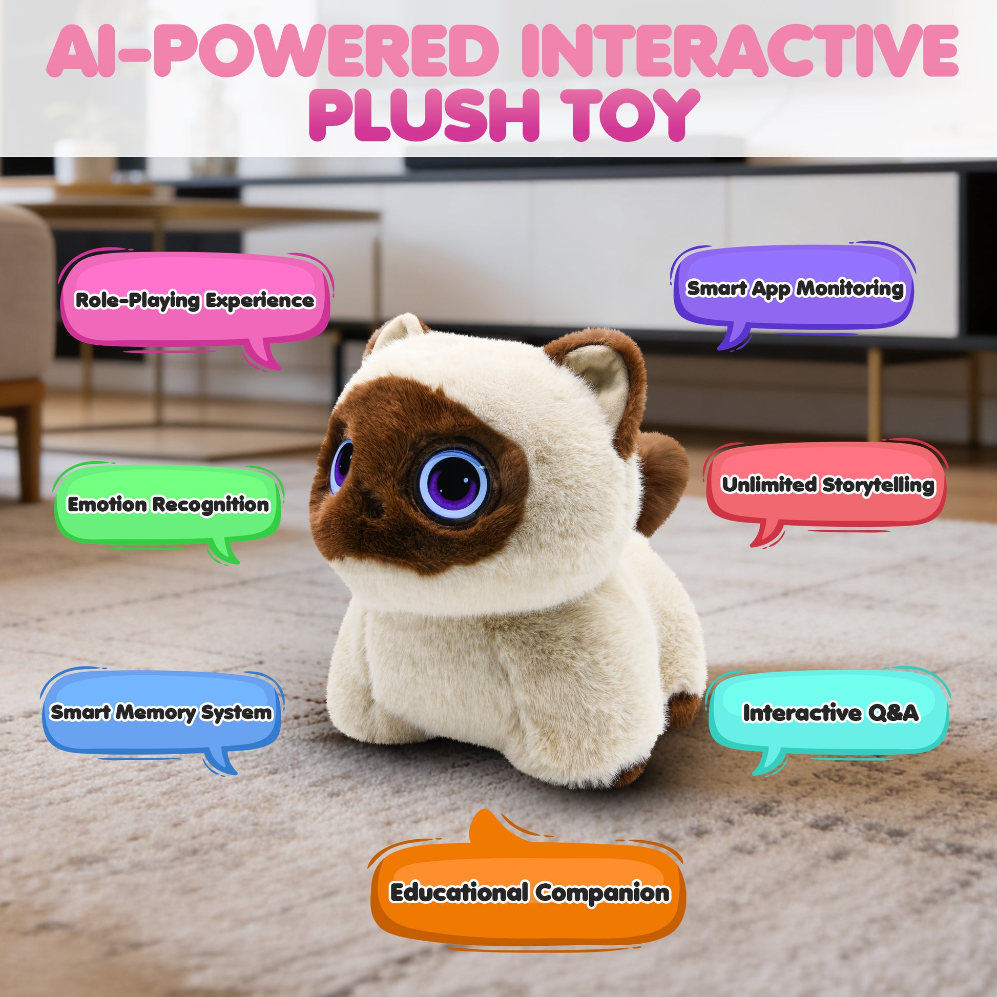Contixo AI Pixie-Paw brown and white interactive plush cat with glowing blue eyes