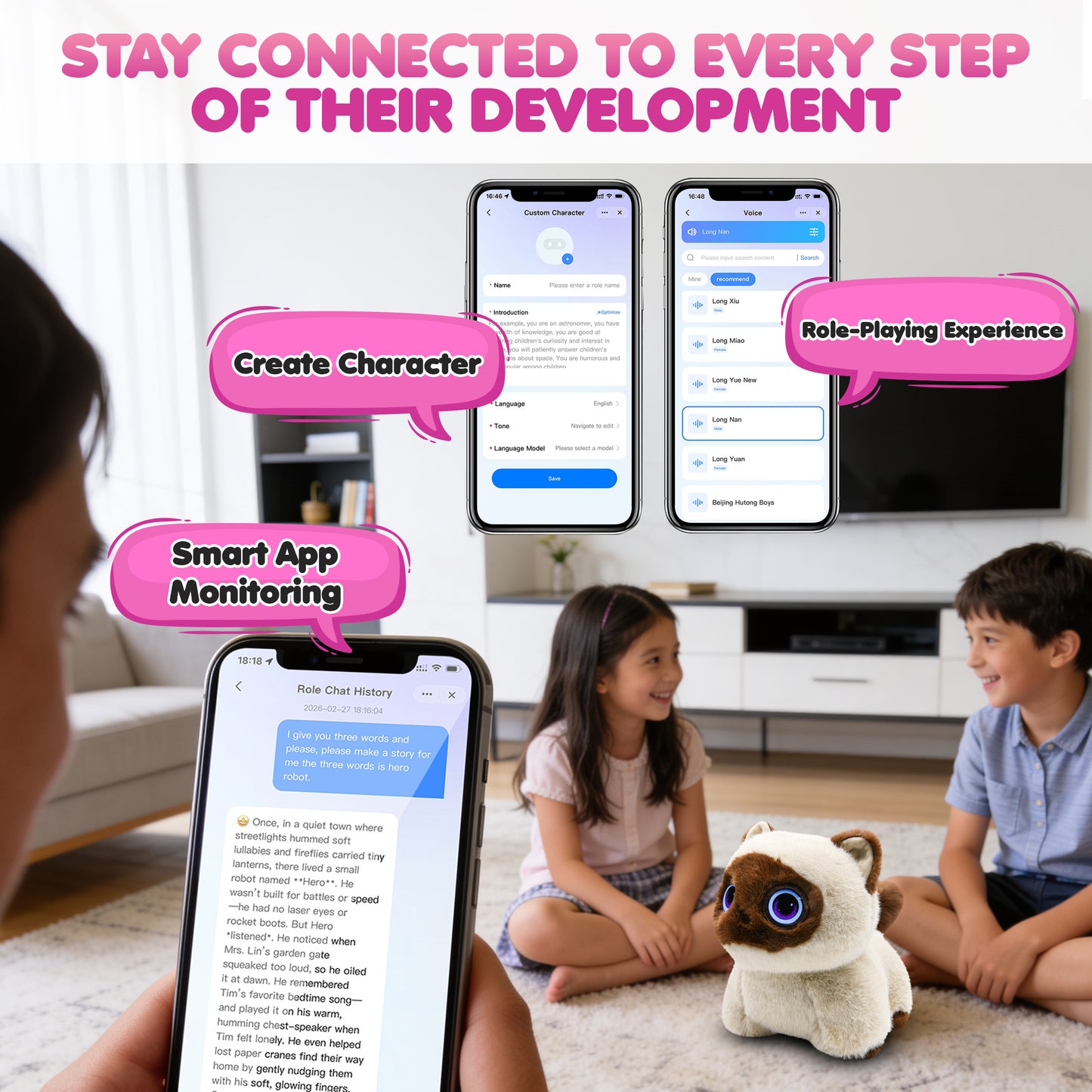 Contixo AI Pixie-Paw Smart Interactive Plush Cat with voice-responsive and touch-activated features, brown