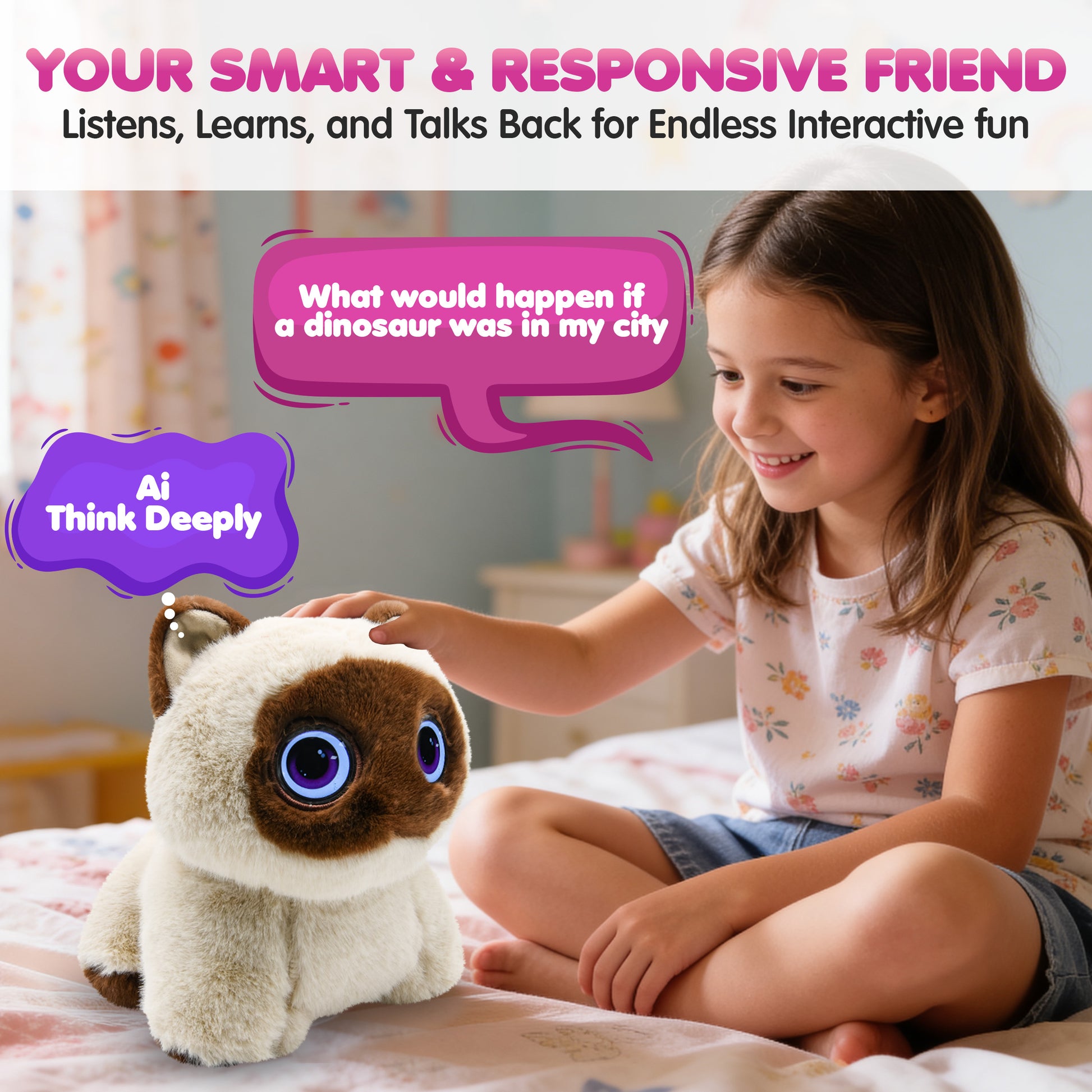 Contixo Al Pixie-Paw brown smart plush cat with glowing blue eyes being petted by child