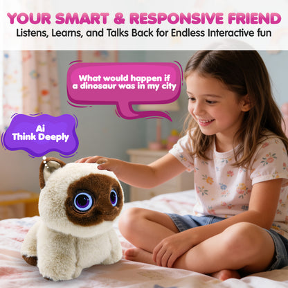 Contixo Al Pixie-Paw brown smart plush cat with glowing blue eyes being petted by child