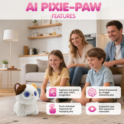 Contixo AI Pixie-Paw white interactive plush cat with blue eyes and touch-activated AI features