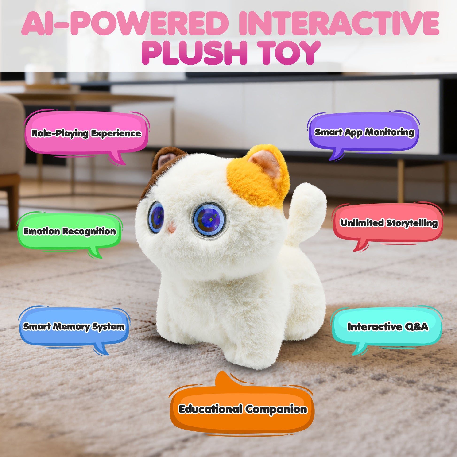 Contixo AI Pixie-Paw white interactive plush cat with glowing blue eyes and yellow ears
