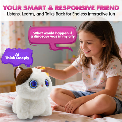 Contixo AI Pixie-Paw white interactive plush cat with blue eyes responding to child's question