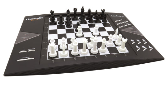 Lexibook ChessMan Elite electronic chess board with black and white pieces mid-game on checkered board, control panel on left side