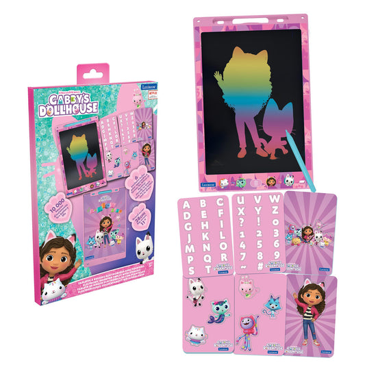 Lexibook Gabby's Dollhouse Magic Drawing Slate with LCD screen showing rainbow cat silhouette, stylus pen, alphabet and number letter tiles, and character stick