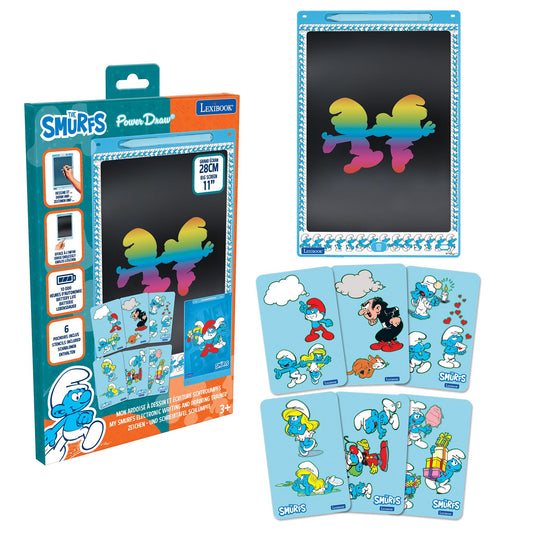 Smurfs Magic Canvas 11-inch electronic drawing tablet with turquoise frame, stylus pen, and Smurf character sticker sheets included in packaging