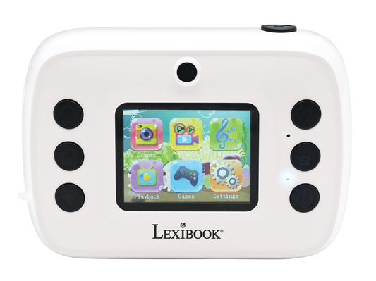 Lexibook Instant Children Camera white device with color touchscreen displaying app menu including camera, video, and games icons, surrounded by black button co