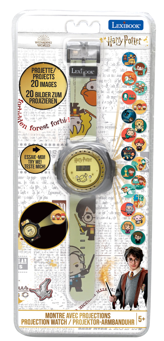 Lexibook Harry Potter projection watch with adjustable black strap, featuring 20 character images and displaying Wizarding World scenes on gold-toned digital sc