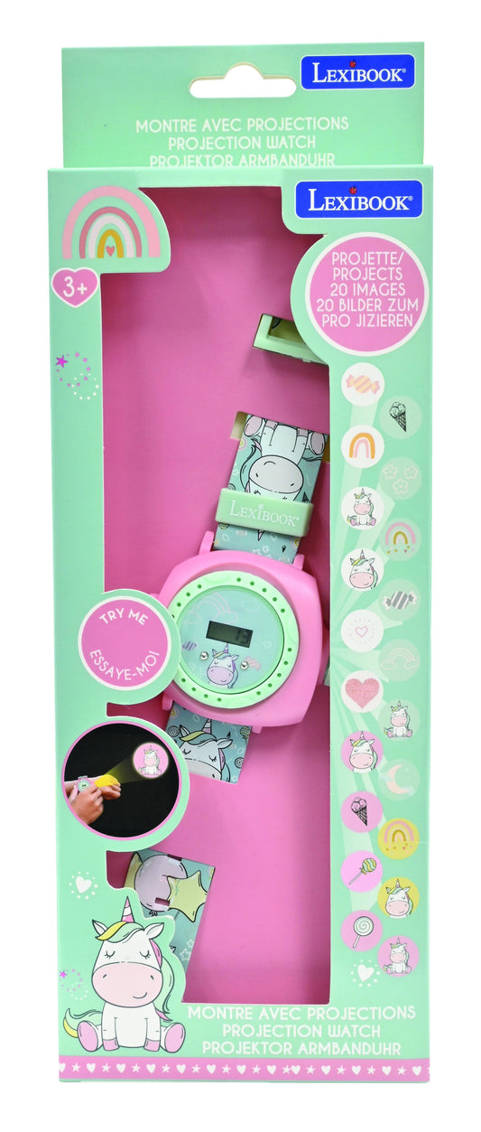 Lexibook projection watch with pink and green casing, unicorn design, featuring 20 interchangeable image discs shown on right side, packaged in retail box