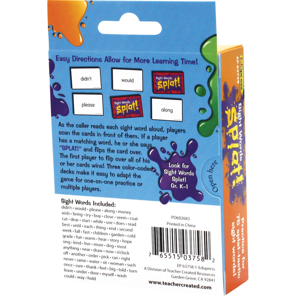 Edupress Sight Words Splat Game - Color-Coded Decks - Grades 1-2
