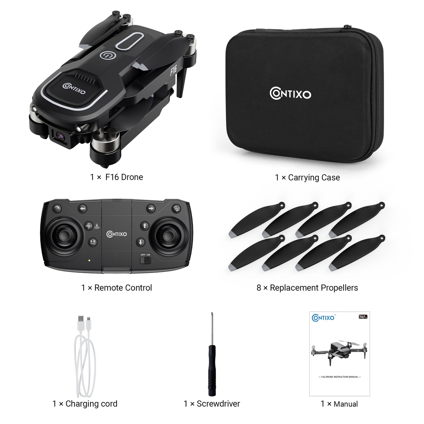 Contixo F16 FPV Drone with remote control, carrying case, propellers, and accessories