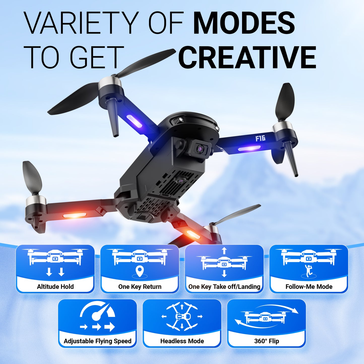 Contixo F16 blue and red FPV drone with camera showing 7 flight modes including headless mode and follow-me