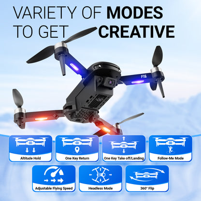 Contixo F16 blue and red FPV drone with camera showing 7 flight modes including headless mode and follow-me