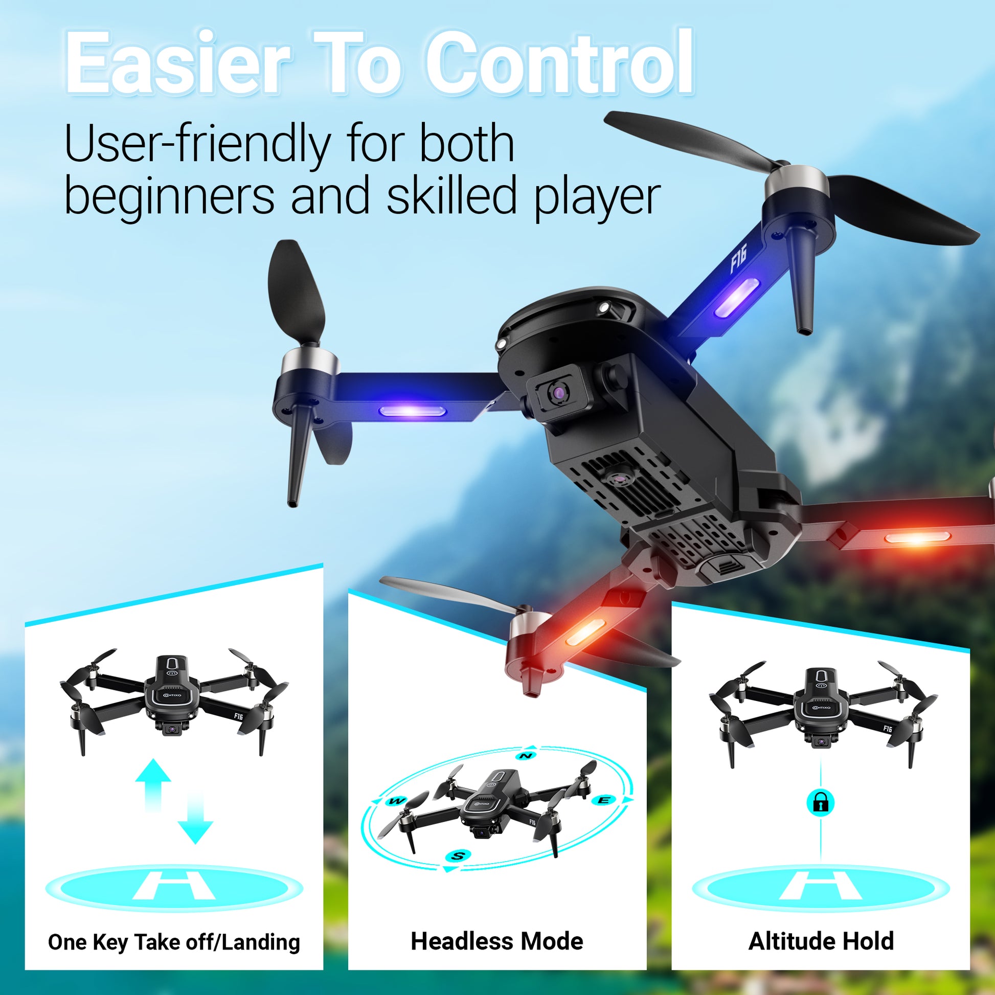 Contixo F16 blue FPV drone with camera showing one-key takeoff, headless mode, and altitude hold features