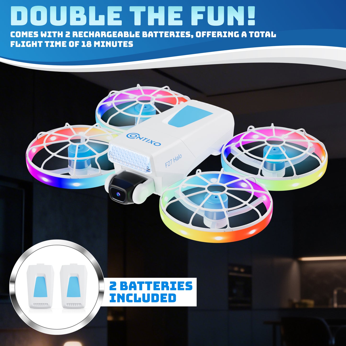 Contixo F27 Halo white foldable drone with colorful LED lights and dual cameras