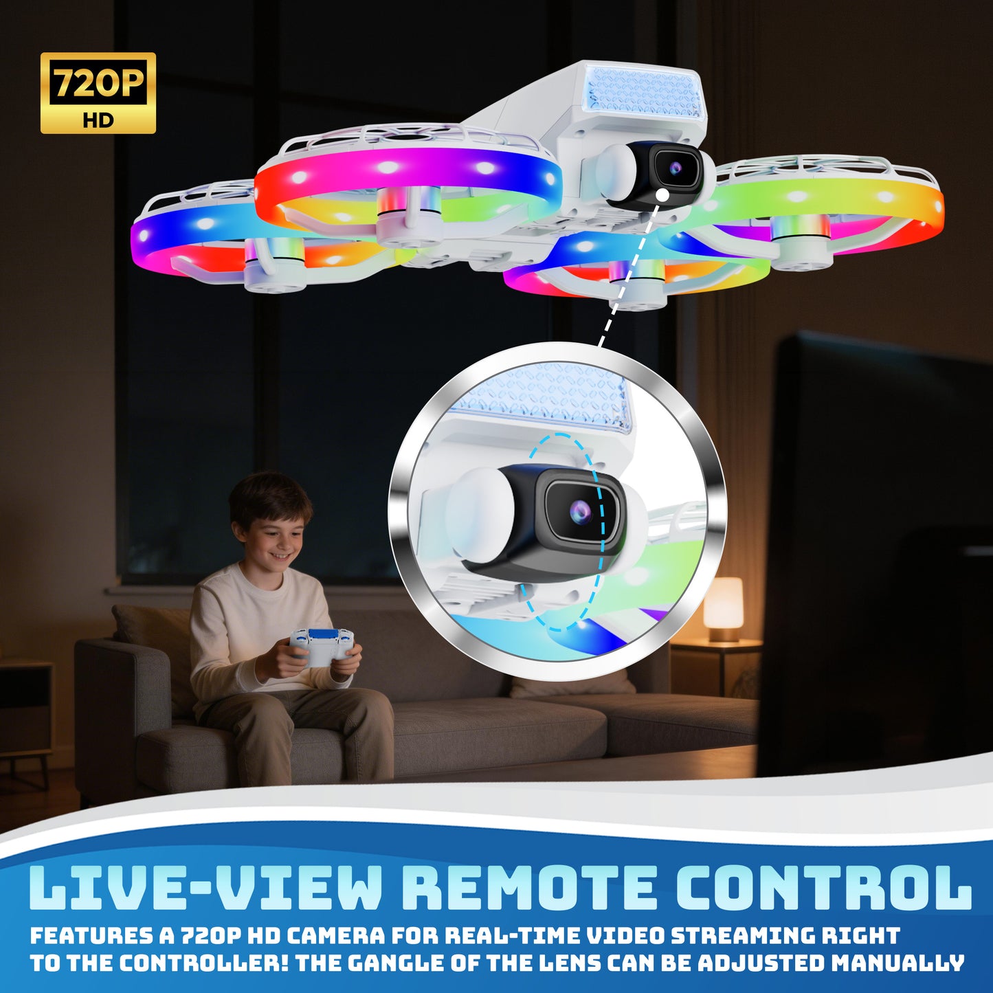 Contixo F27 Halo Mini Drone with colorful LED lights, 720P camera, and remote control