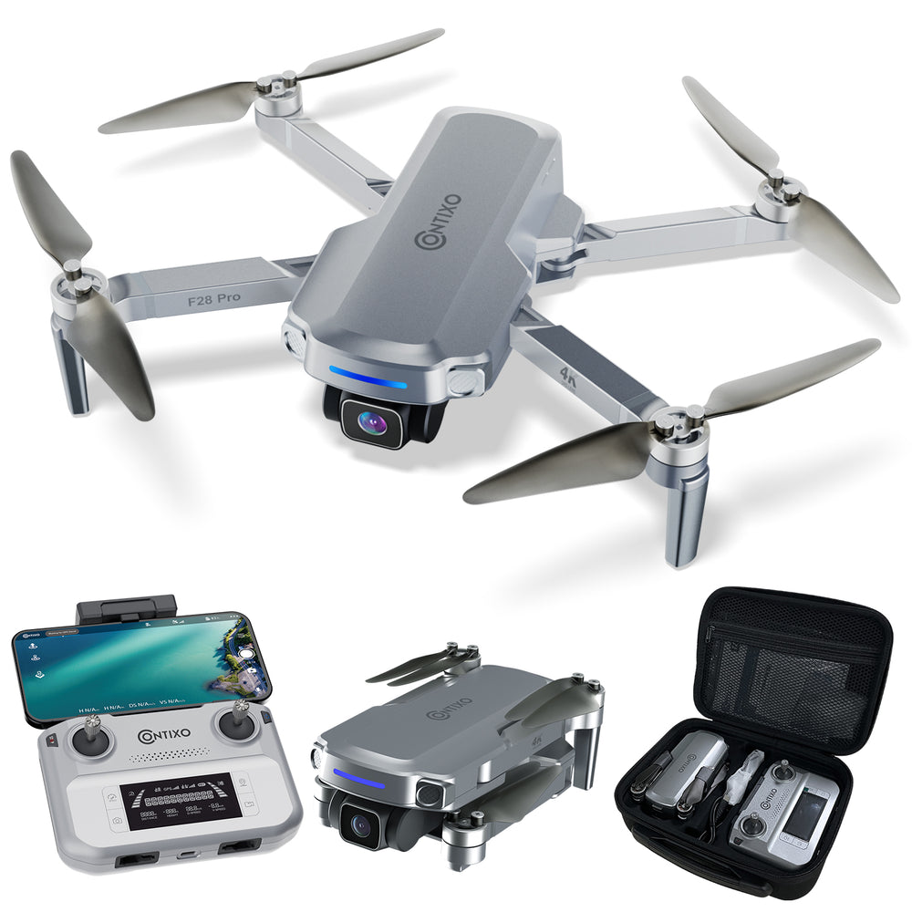 Contixo F28 Pro RC foldable drone with 4K camera, remote control, batteries, and carrying case displayed on white background
