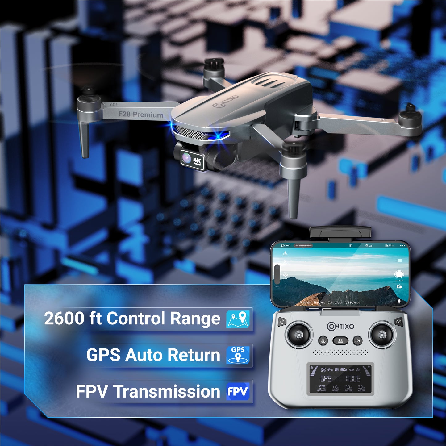 Contixo F28 Premium GPS drone with 4K camera, controller, and 2600ft range