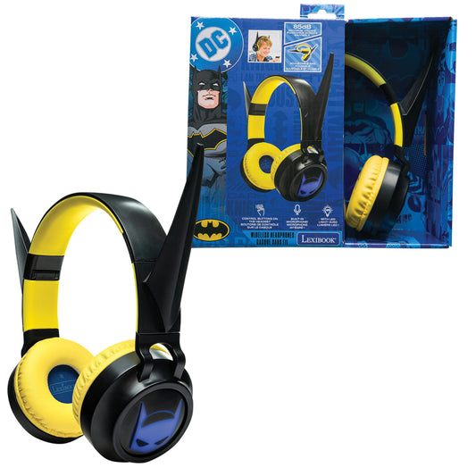 Batman-themed wireless headphones with black and yellow design, shown on plain background and in packaging with DC logo