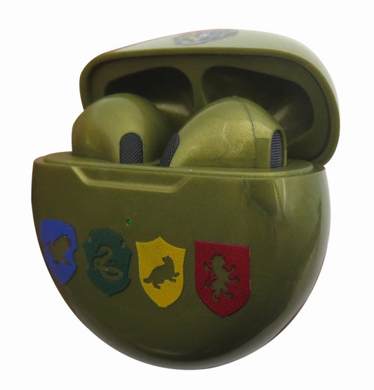 Olive green Bluetooth earbud case with Harry Potter house crests (blue, green, yellow, red shields) on front, containing two olive green earbuds with dark mesh
