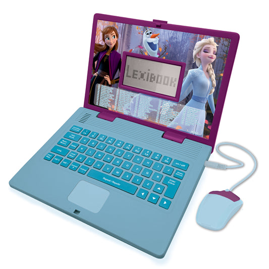 Frozen-themed bilingual educational laptop in light blue and purple with turquoise keyboard, display screen showing Disney characters Anna, Elsa, and Olaf, incl