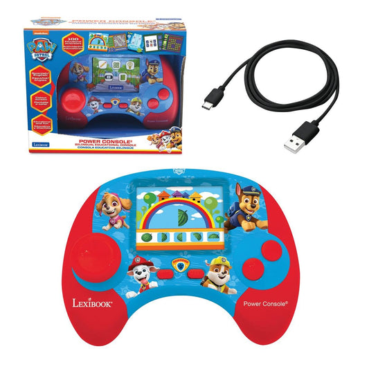 Paw Patrol Power Console bilingual educational handheld game with red and blue controller, screen showing matching game, and USB charging cable