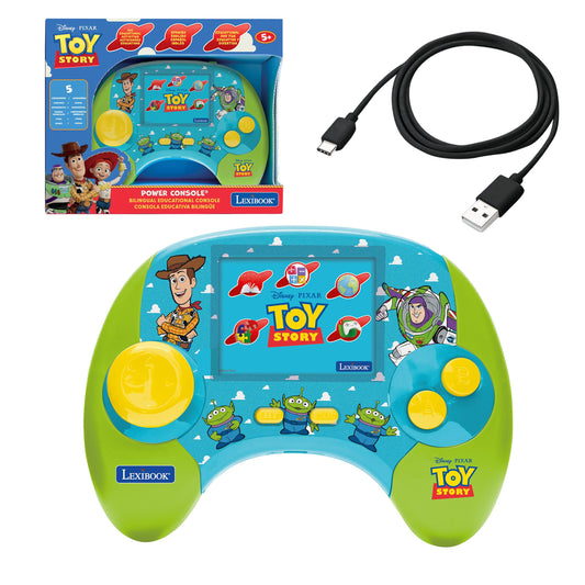 Toy Story Power Console handheld game by Lexibook in blue and green with yellow buttons, Woody and Buzz characters, shown with packaging and USB charging cable