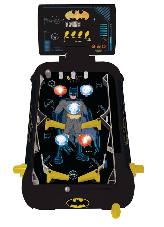 Batman electronic pinball machine with black body, yellow flippers and bumpers, illuminated playfield featuring Batman character and glowing targets, digital di