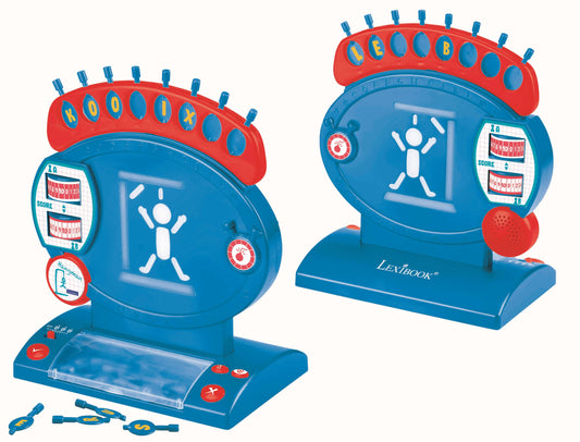 Lexibook Electronic Hangman Game showing two blue and red handheld devices with letter buttons on top, display screens, and control buttons, plus game pieces