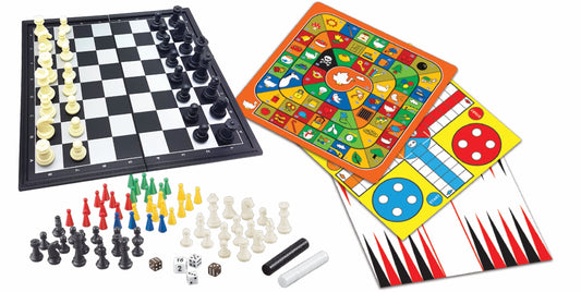 8-in-1 magnetic board games set with chess board, colorful game boards, playing pieces in multiple colors, dice, and game tokens displayed on white background