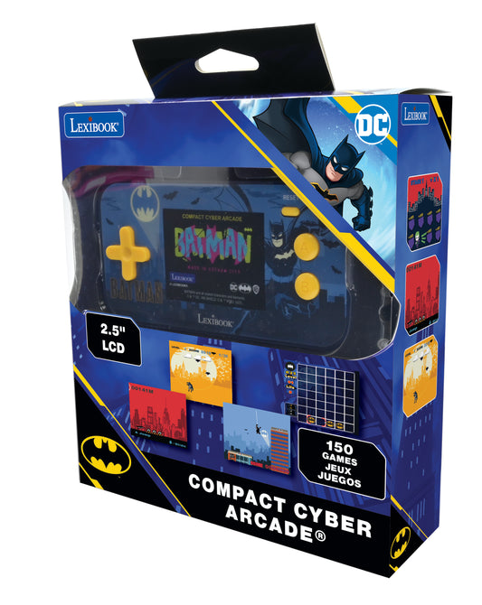 Batman Compact Cyber Arcade portable gaming console with 2.5-inch LCD screen, yellow controls, and 150 built-in games, shown in packaging with Batman graphics a