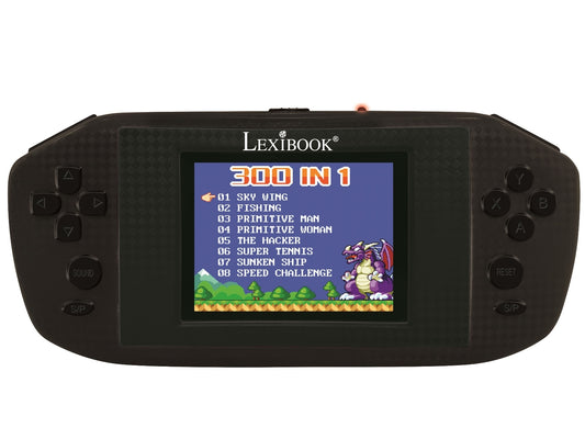Lexibook black handheld gaming console displaying 300-in-1 game menu with titles like Sky Wing, Fishing, and Super Tennis