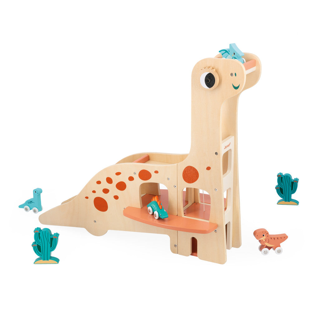 Janod Dino Diplodocus Themed Wooden Garage with Dinosaur Toys