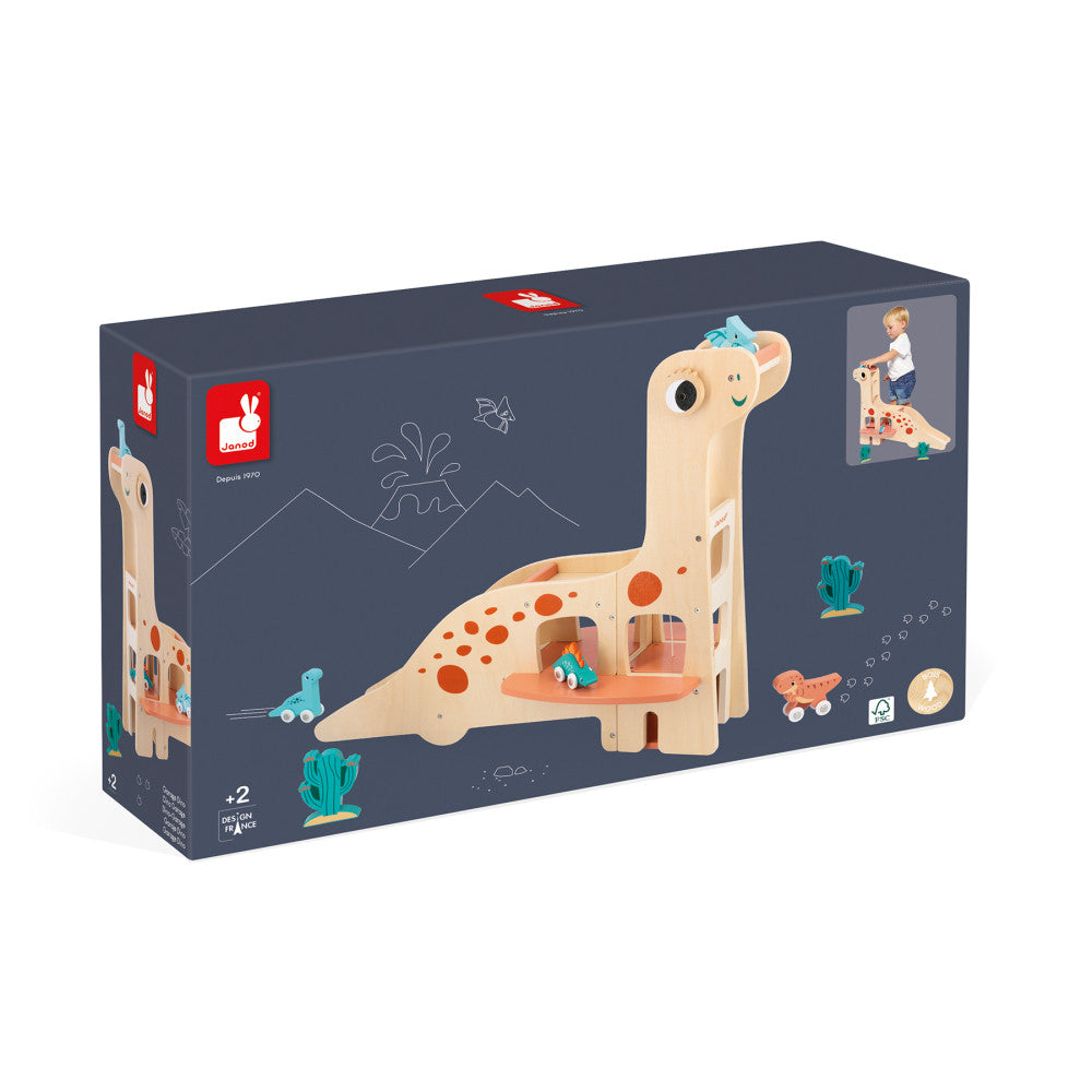 Janod Dino Diplodocus Themed Wooden Garage with Dinosaur Toys