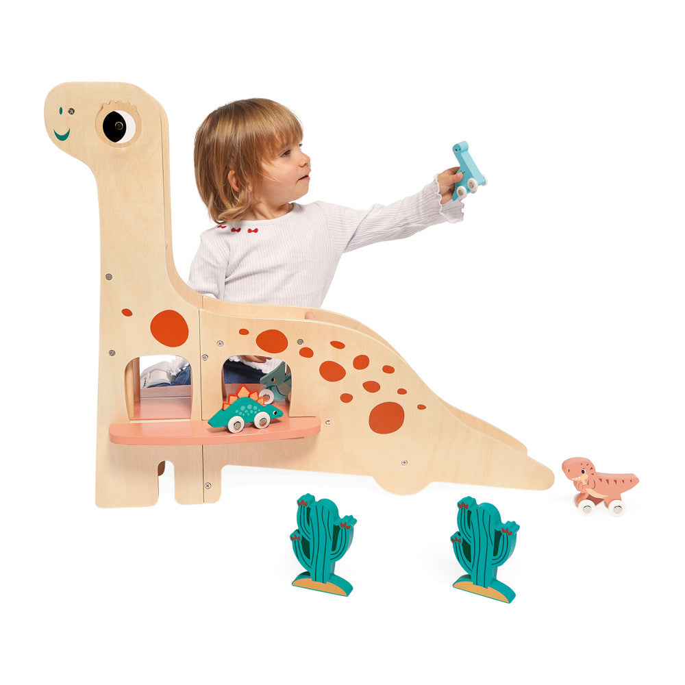 Janod Dino Diplodocus Themed Wooden Garage with Dinosaur Toys