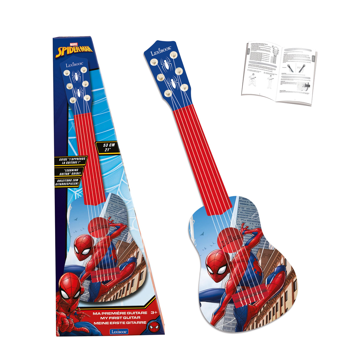 Marvel Spider-Man Lexibook beginner guitar, 53 cm, with red strings and blue body featuring Spider-Man graphics, shown with packaging box and instruction manual