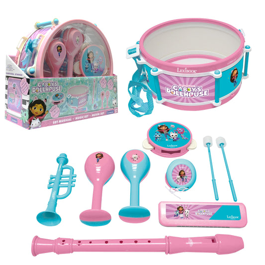Gabby's Dollhouse 7-piece musical playset including pink and turquoise drum with handles, trumpet, maracas, whistles, and microphone, displayed with packaging
