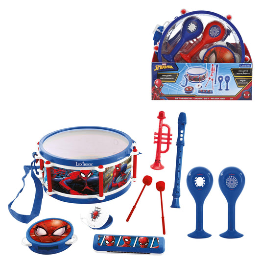 Spider-Man 7-piece beginner musical instrument set by Lexibook including drum with strap, recorder, trumpet, maracas, shakers, and two blue mallets on display
