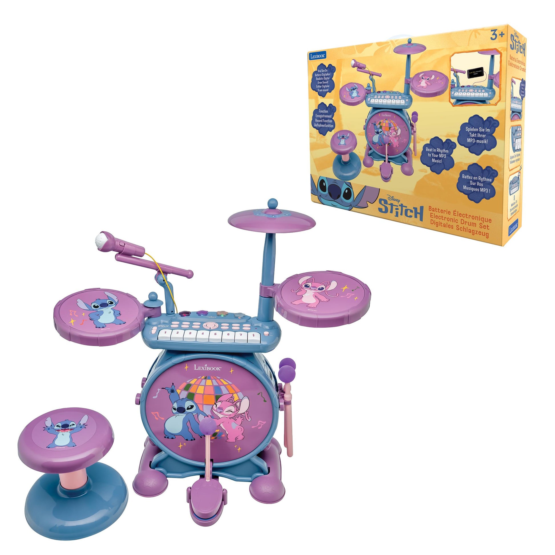 Stitch 3-in-1 Electronic Drum Set with purple and blue drums, keyboard, cymbals, and seat on plain background, shown assembled and in retail box