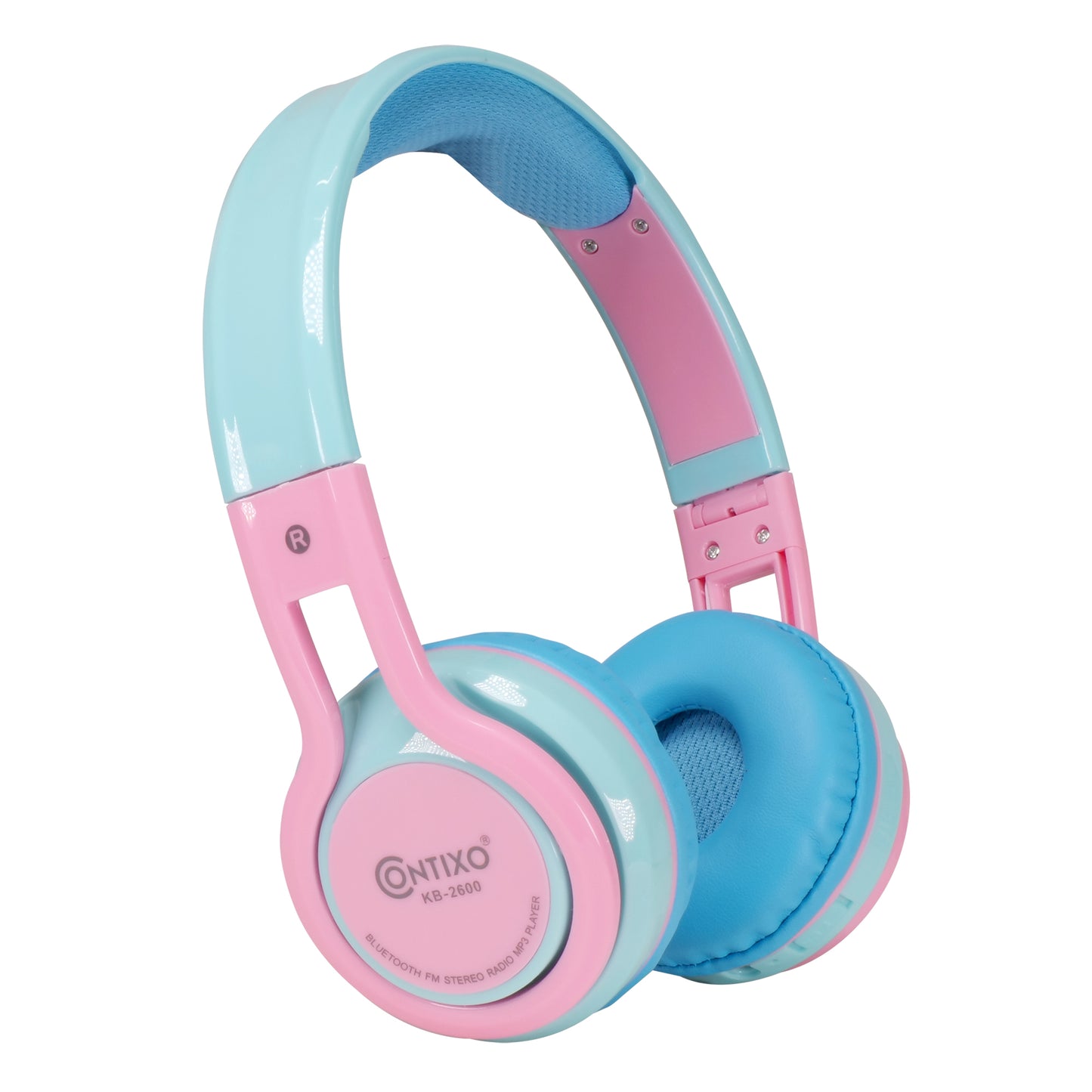 Contixo KB-2600 kids wireless headphones in pink and light blue with padded ear cups and adjustable headband