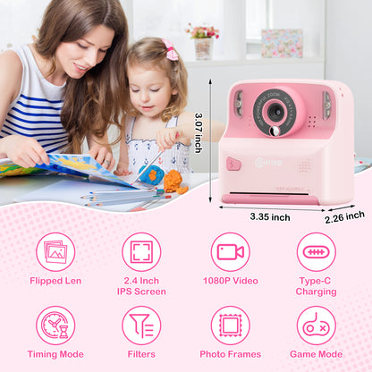 Contixo Instant Print Kids Camera Bundle, Kids & Toddlers 3 -12, 2.4" IPS Screen, 1080P, 26MP, Digital Camera + Video, 16x Zoom, Built-In Filters, Games & MP3 Player - Pink