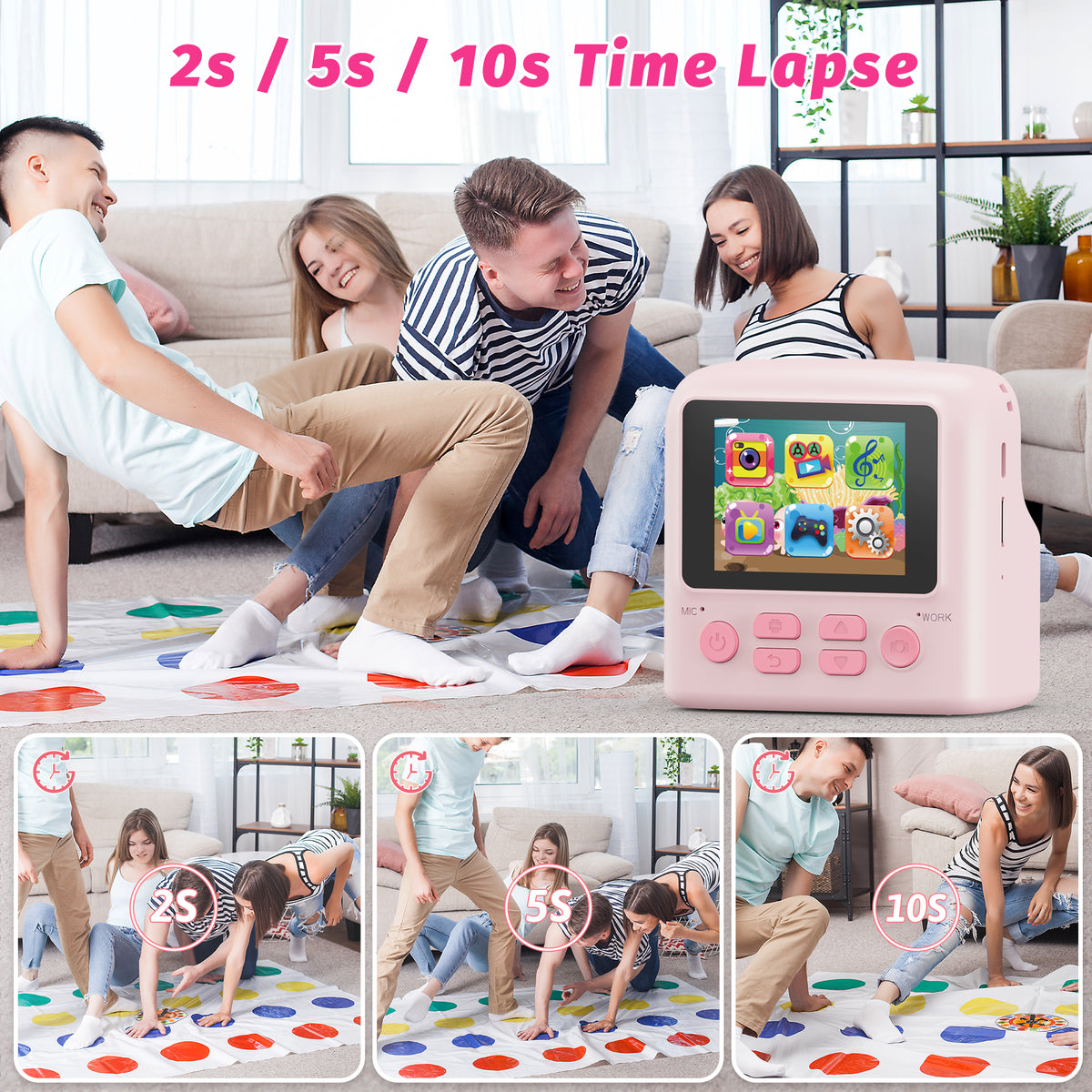 Contixo Instant Print Kids Camera Bundle, Kids & Toddlers 3 -12, 2.4" IPS Screen, 1080P, 26MP, Digital Camera + Video, 16x Zoom, Built-In Filters, Games & MP3 Player - Pink